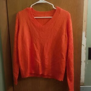 Vibrant Orange V-Neck Knitted Pullover Sweater Size Medium Demensions 19" X 23"‎